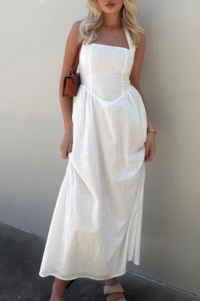 Fashnzfab Halter Solid Pockets Sleeveless A Line Long Dress In White