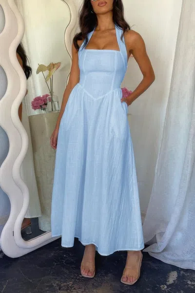 Fashnzfab Halter Solid Pockets Sleeveless A Line Long Dress In Blue