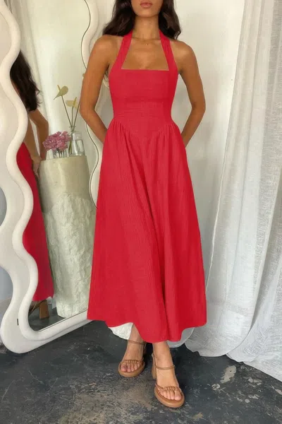 Fashnzfab Halter Solid Pockets Sleeveless A Line Long Dress In Red