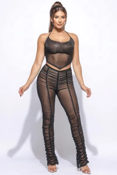 Fashnzfab Halter Top Ruched Pants Set In Black