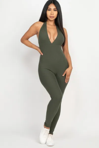 Fashnzfab Halter V Neck Ribbed Bodycon Jumpsuit