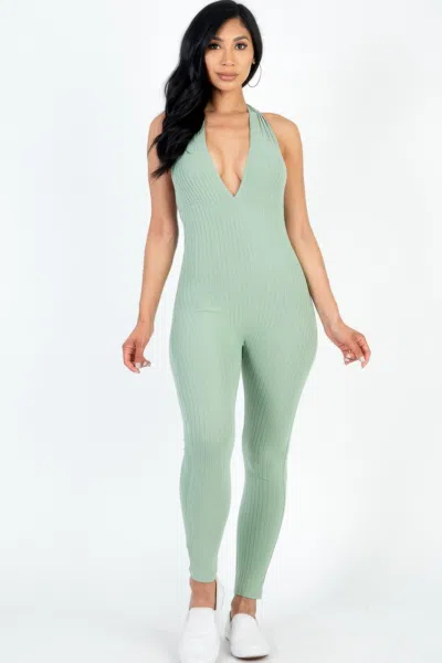 Fashnzfab Halter V Neck Ribbed Bodycon Jumpsuit