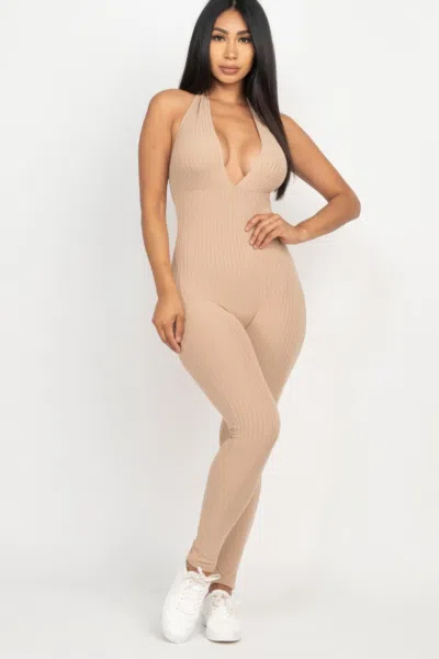 Fashnzfab Halter V Neck Ribbed Bodycon Jumpsuit