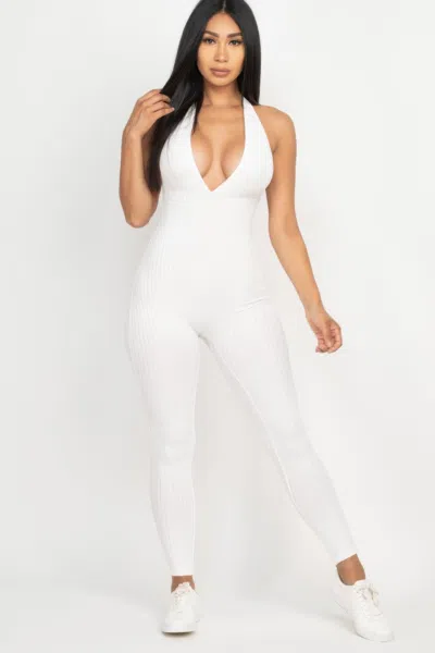 Fashnzfab Halter V Neck Ribbed Bodycon Jumpsuit