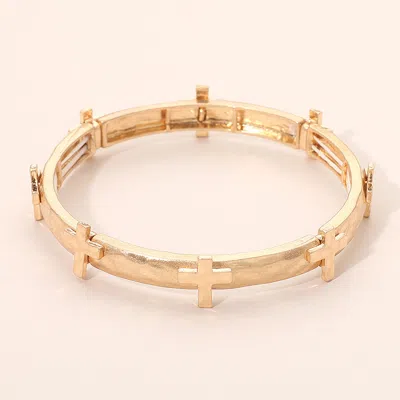 Fashnzfab Hammered Brushed Metal Cross Accent Stretch Bracelet - Worn Gold In Multi