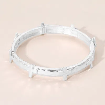 Fashnzfab Hammered Brushed Metal Cross Accent Stretch Bracelet In Silver