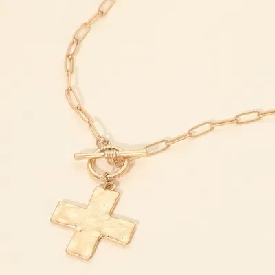 Fashnzfab Hammered Brushed Metal Cross Pendant Toggle Necklace - Worn Gold In Multi