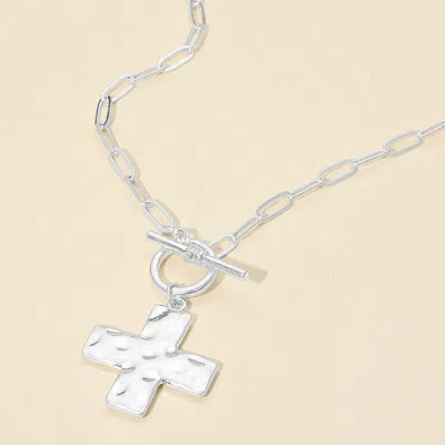 Fashnzfab Hammered Brushed Metal Cross Pendant Toggle Necklace In Multi
