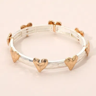 Fashnzfab Hammered Brushed Metal Heart Accent Stretch Bracelet In Gold