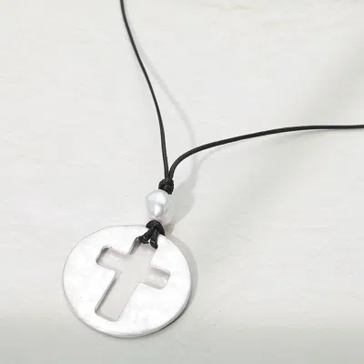 Fashnzfab Hammered Brushed Metal Open Cross Medallion Pendant Cord Necklace In Metallic