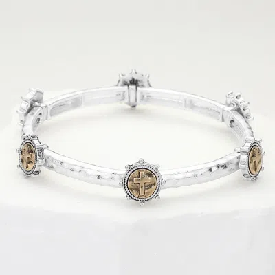 Fashnzfab Hammered Cross Coin Cluster Pointed Stretch Bracelet Two Tone, Worn Silver In Multi