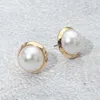Fashnzfab Hammered Frame Pearl Stud Earring In Gold