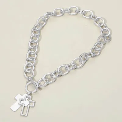 Fashnzfab Hammered Layered Cross Pendant Chunky Chain Toggle Necklace In Metallic