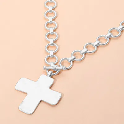 Fashnzfab Hammered Matte Metal Cross Pendant Chunky Chain Toggle Necklace In Silver