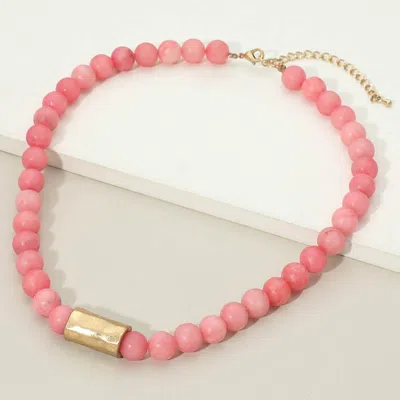Fashnzfab Hammered Metal Bar Accent Chunky Marbled Ball Beaded Necklace In Pink