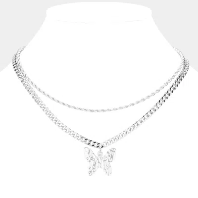 Fashnzfab Hammered Metal Butterfly Pendant Double Layered Necklace In Metallic