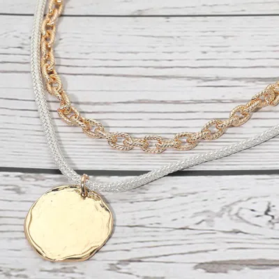 Fashnzfab Hammered Metal Coin Pendant Sparkle Chunky Thread Textured Metal Chain Layered Necklace In Gold