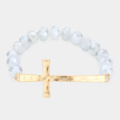 Fashnzfab Hammered Metal Cross Accented Faceted Beads Stretch Bracelet Gold, Light Blue In Multi