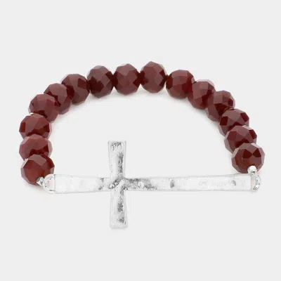 Fashnzfab Hammered Metal Cross Accented Faceted Beads Stretch Bracelet Wine, Worn Silver In Red