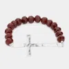 Fashnzfab Hammered Metal Cross Accented Faceted Beads Stretch Bracelet Wine, Worn Silver In Brown