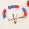 Fashnzfab Hammered Metal Cross American Usa Flag Colored Beads Beaded Stretch Bracelet Gold, Multi In Multi