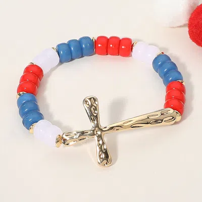Fashnzfab Hammered Metal Cross American Usa Flag Colored Beads Beaded Stretch Bracelet Gold, Multi