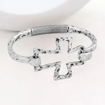 Fashnzfab Hammered Metal Cross Bangle Bracelet In Silver