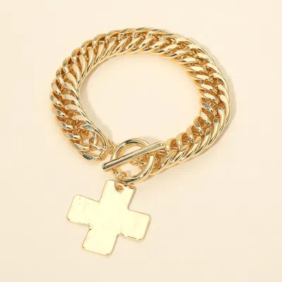Fashnzfab Hammered Metal Cross Charm Chunky Curb Chain Toggle Bracelet In Gold