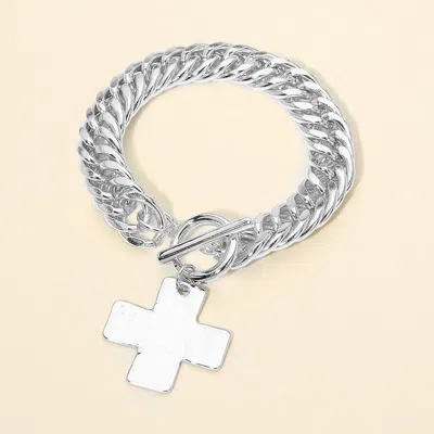 Fashnzfab Hammered Metal Cross Charm Chunky Curb Chain Toggle Bracelet In Silver