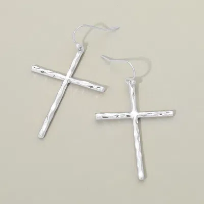 Fashnzfab Hammered Metal Cross Charm Drop Dangle Earrings In White