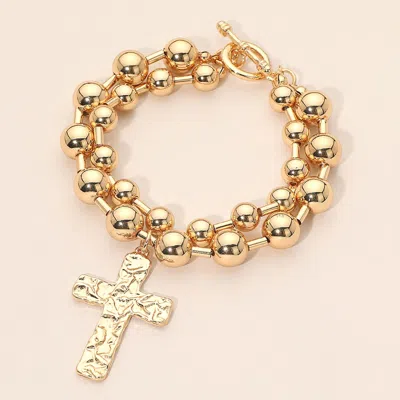 Fashnzfab Hammered Metal Cross Charm Layered Beaded Toggle Bracelet In Gold