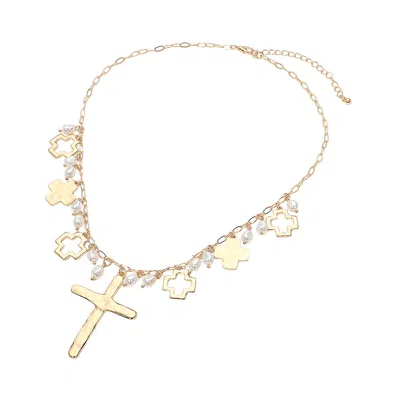 Fashnzfab Hammered Metal Cross Pearl Charm Embellished Necklace In Gold