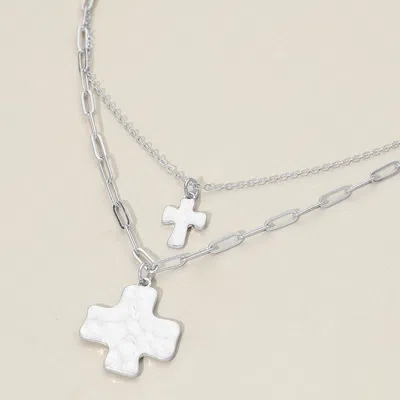 Fashnzfab Hammered Metal Cross Pendant Accent Double Layered Necklace - Worn Silver In Multi
