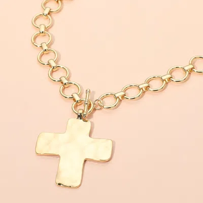 Fashnzfab Hammered Metal Cross Pendant Chunky Chain Toggle Necklace In Gold