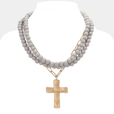 Fashnzfab Hammered Metal Cross Pendant Wood Paperclip Chain Layered Necklace In Gray
