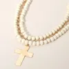 Fashnzfab Hammered Metal Cross Pendant Wood Paperclip Chain Layered Necklace In Multi