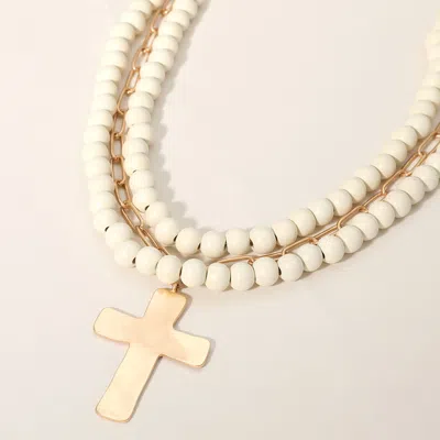 Fashnzfab Hammered Metal Cross Pendant Wood Paperclip Chain Layered Necklace In Multi
