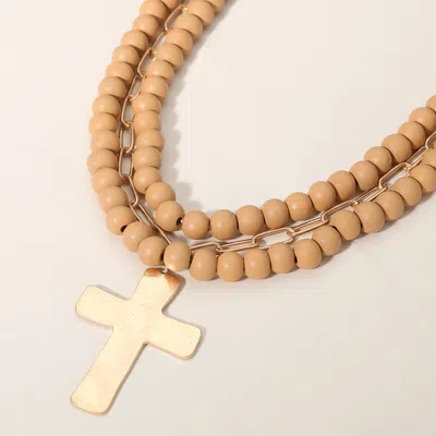 Fashnzfab Hammered Metal Cross Pendant Wood Paperclip Chain Layered Necklace In Sand