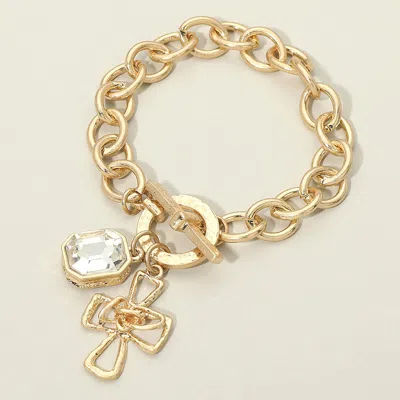 Fashnzfab Hammered Metal Cross Stone Charm Chunky Chain Toggle Bracelet In Gold