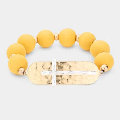Fashnzfab Hammered Metal Cross Wood Bracelet Worn Gold, Worn Silver, Yellow In Multi