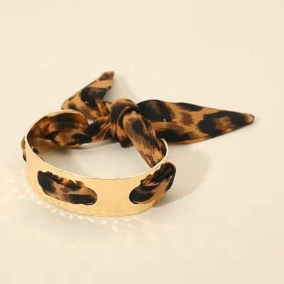 Fashnzfab Hammered Metal Cuff Leopard Print Fabric Bracelet In Gold