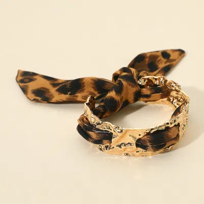 Fashnzfab Hammered Metal Cuff Leopard Print Fabric Bracelet In Multi