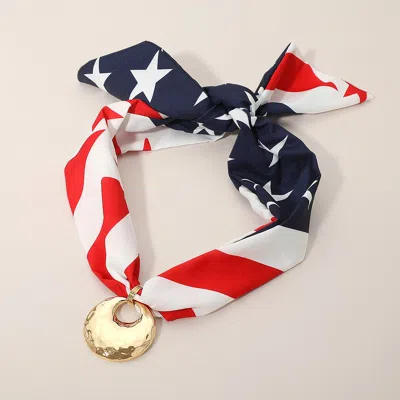 Fashnzfab Hammered Metal Disc Pendant Accent American Usa Flag Fabric Scarf Necklace In Multi