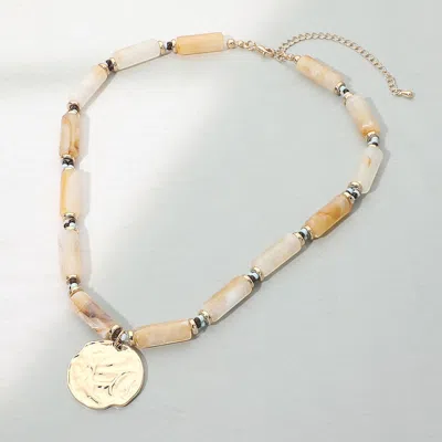Fashnzfab Hammered Metal Disc Pendant Rectangular Beaded Necklace In Gold