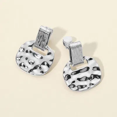 Fashnzfab Hammered Metal Geometric Disc Drop Clip On Earrings In Silver