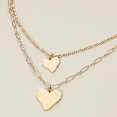 Fashnzfab Hammered Metal Heart Pendant Accent Double Layered Necklace - Worn Gold In Multi