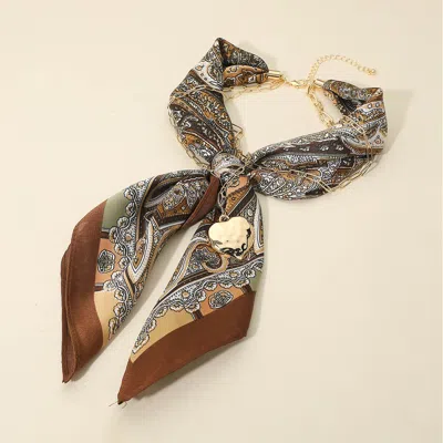 Fashnzfab Hammered Metal Heart Pendant Chain Fabric Scarf Layered Necklace In Brown