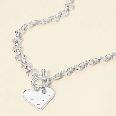 Fashnzfab Hammered Metal Heart Pendant Chunky Chain Toggle Necklace - Rhodium In Silver