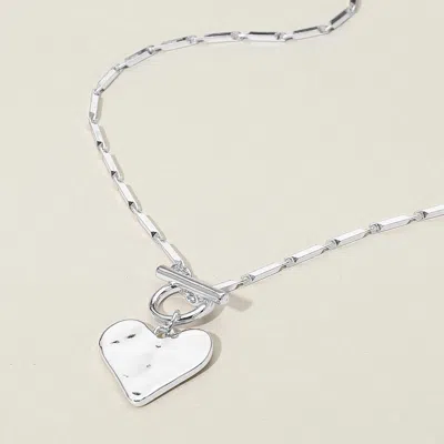 Fashnzfab Hammered Metal Heart Pendant Toggle Necklace In Silver