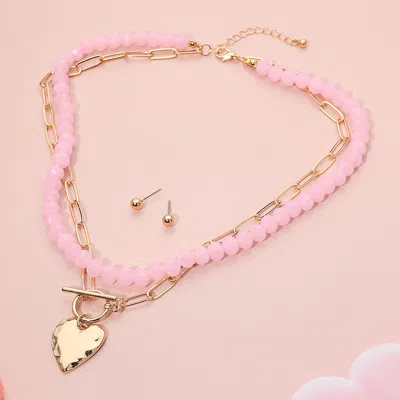 Fashnzfab Hammered Metal Heart Toggle Pendant Accent Paperclip Beaded Chain Layered Necklace - Pink